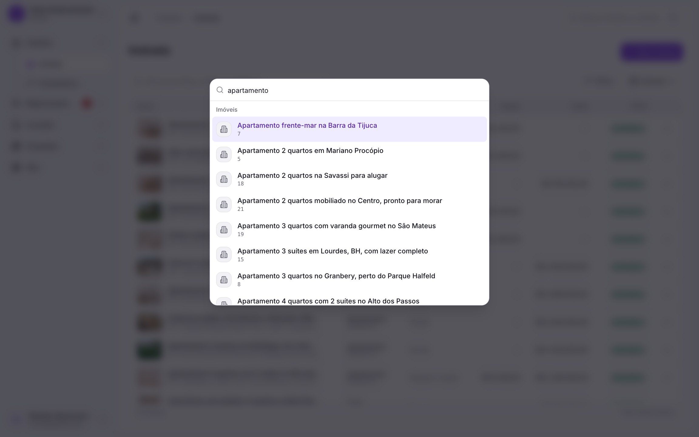 Busca global da Habitar (Ctrl+K) encontrando imóveis, clientes e leads