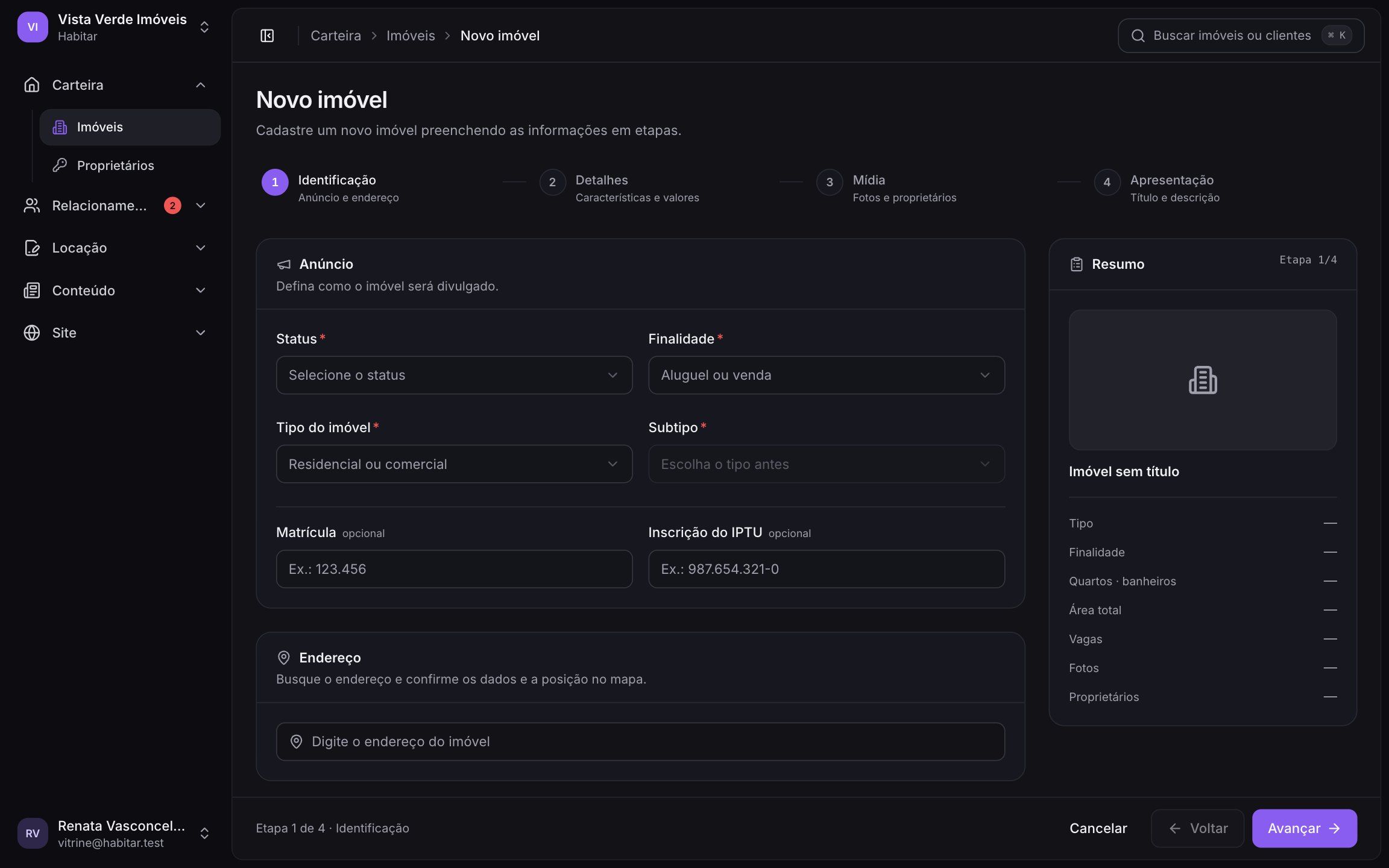 Assistente de cadastro de imóvel da Habitar, com etapas e resumo lateral