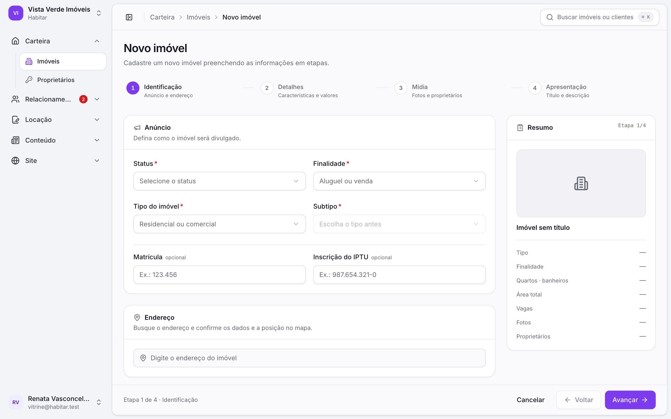 Assistente de cadastro de imóvel da Habitar, com etapas e resumo lateral