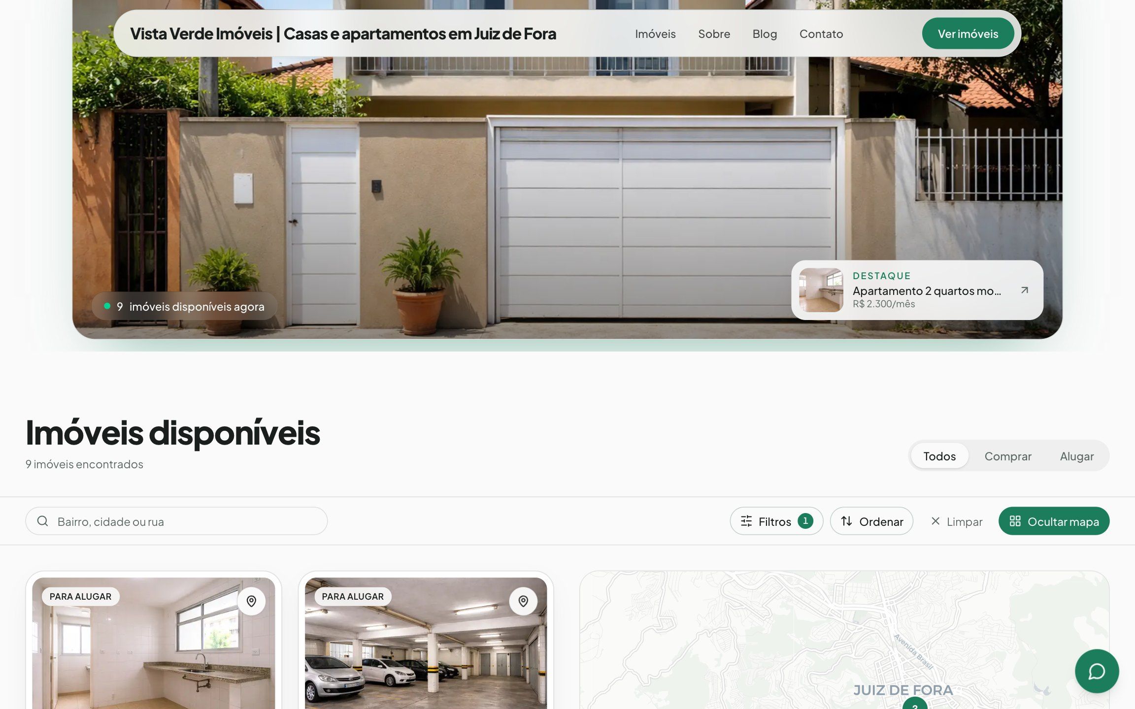 Vitrine de imóveis do site da imobiliária com filtros e mapa