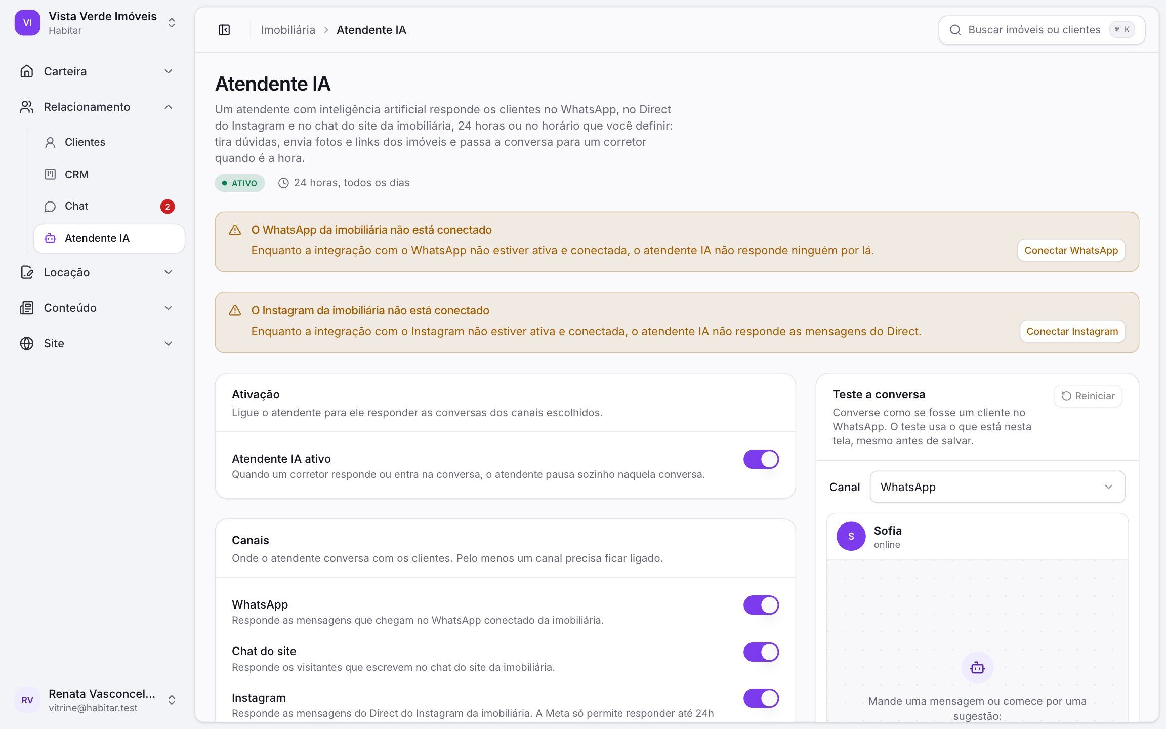 Configuração do Atendente IA da Habitar: canais, personalidade e transferência para humano