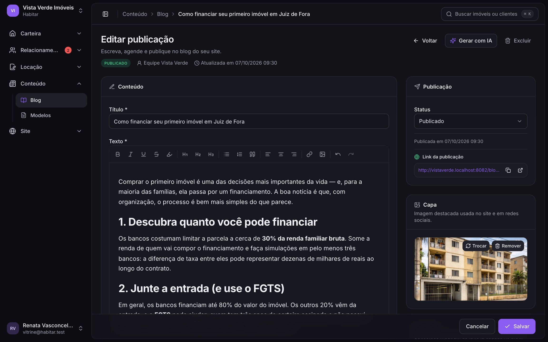 Editor de posts do blog imobiliário na Habitar com capa, conteúdo e SEO