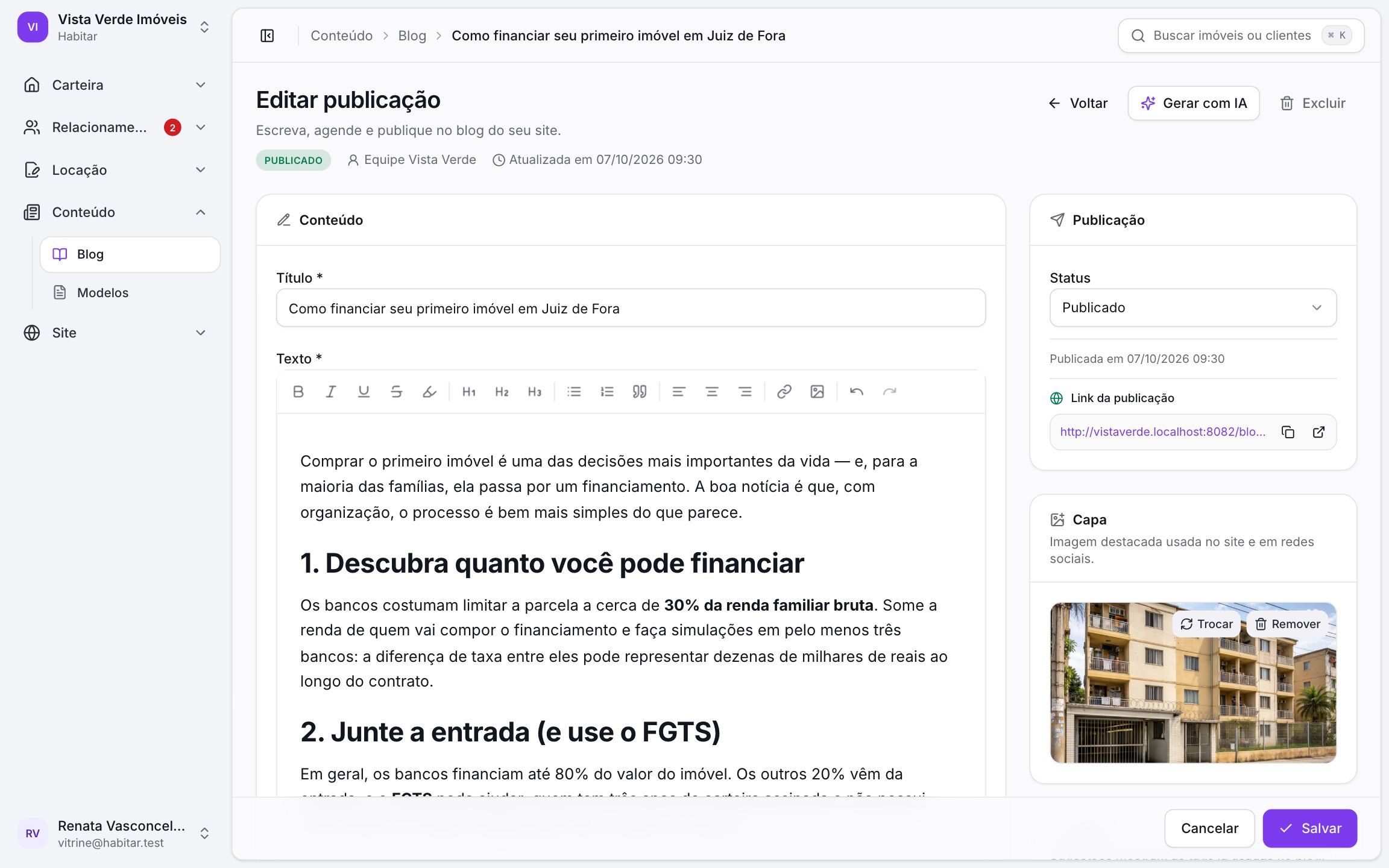 Editor de posts do blog imobiliário na Habitar com capa, conteúdo e SEO