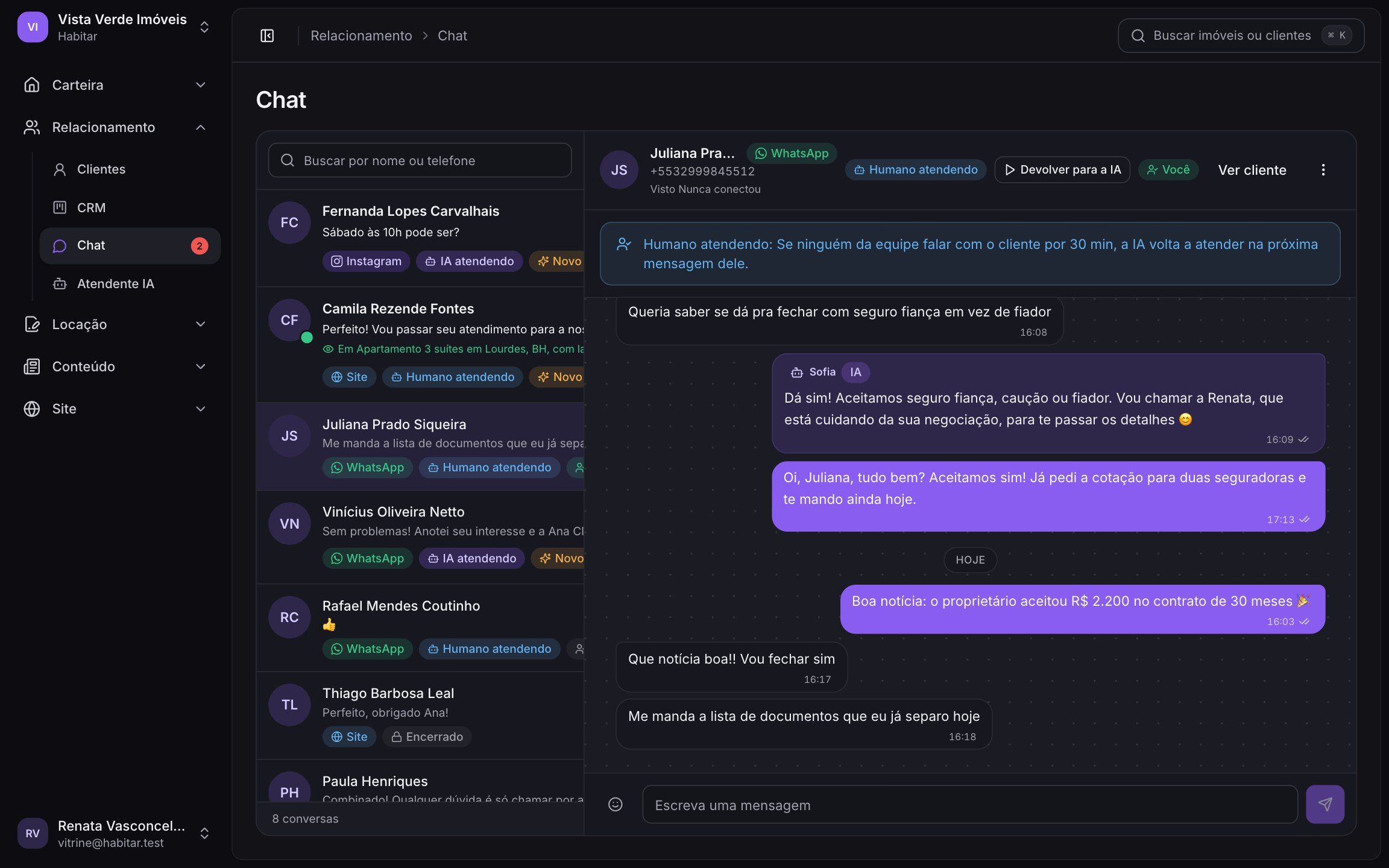 Chat unificado da Habitar reunindo conversas do site, WhatsApp e Instagram