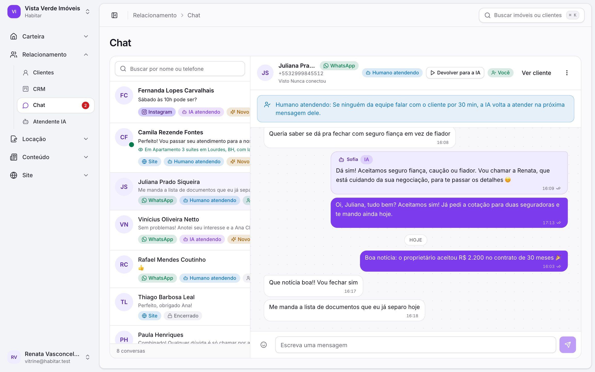 Chat unificado da Habitar reunindo conversas do site, WhatsApp e Instagram