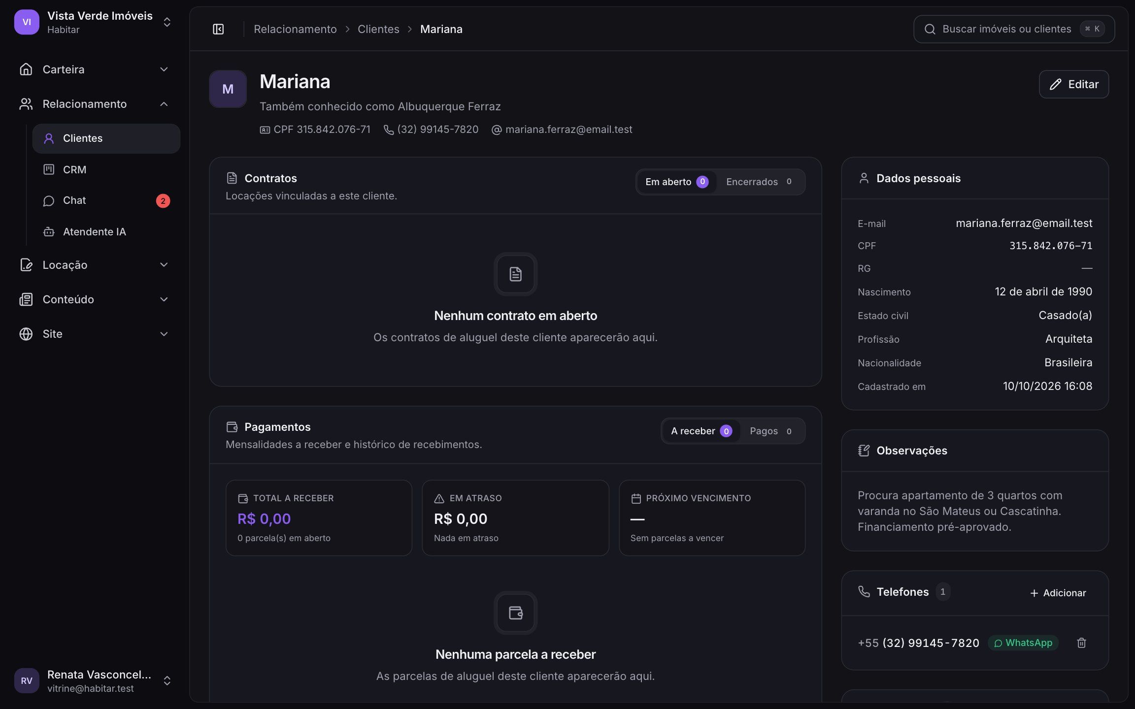 Ficha do cliente na Habitar com contatos, endereços e histórico