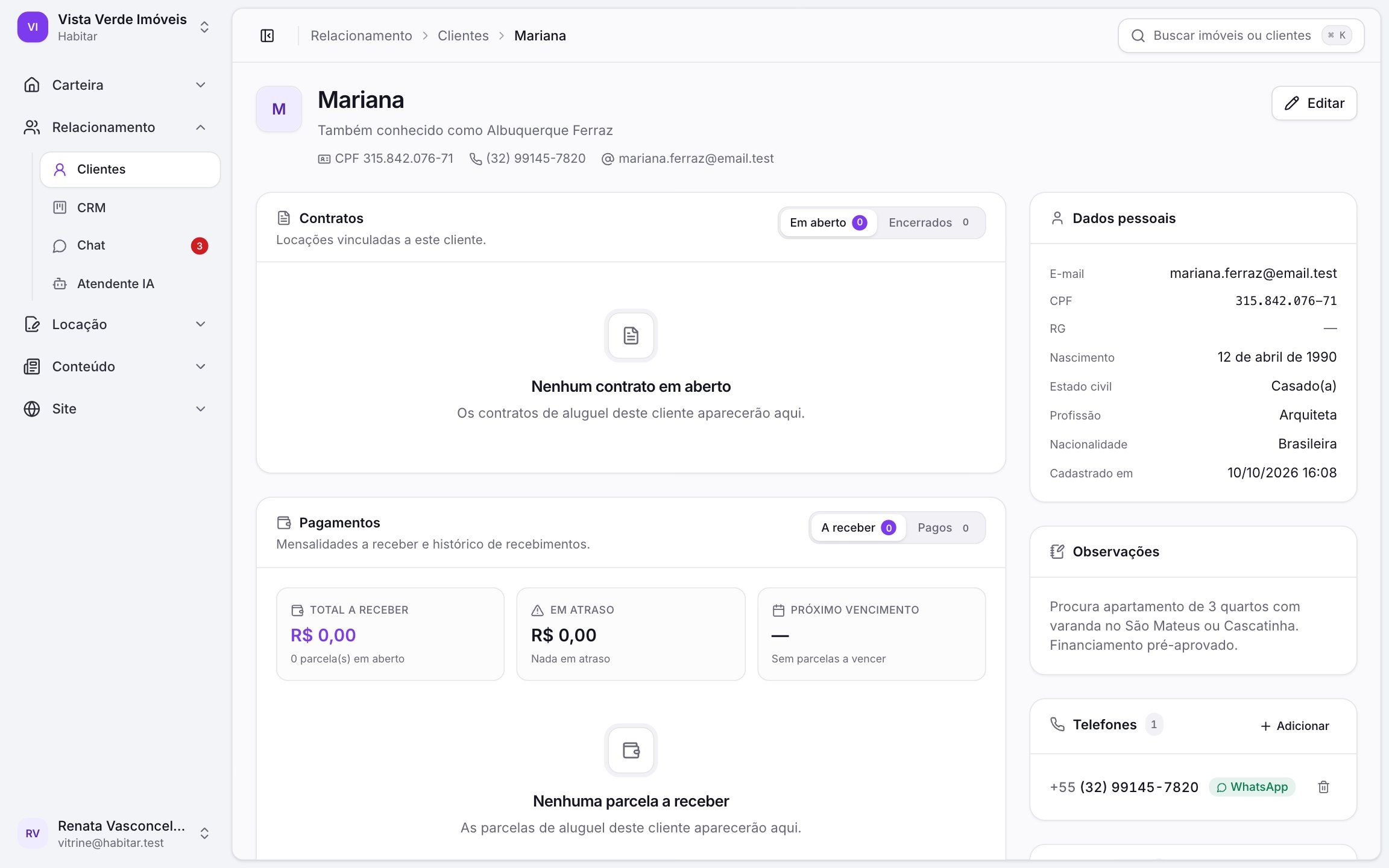 Ficha do cliente na Habitar com contatos, endereços e histórico