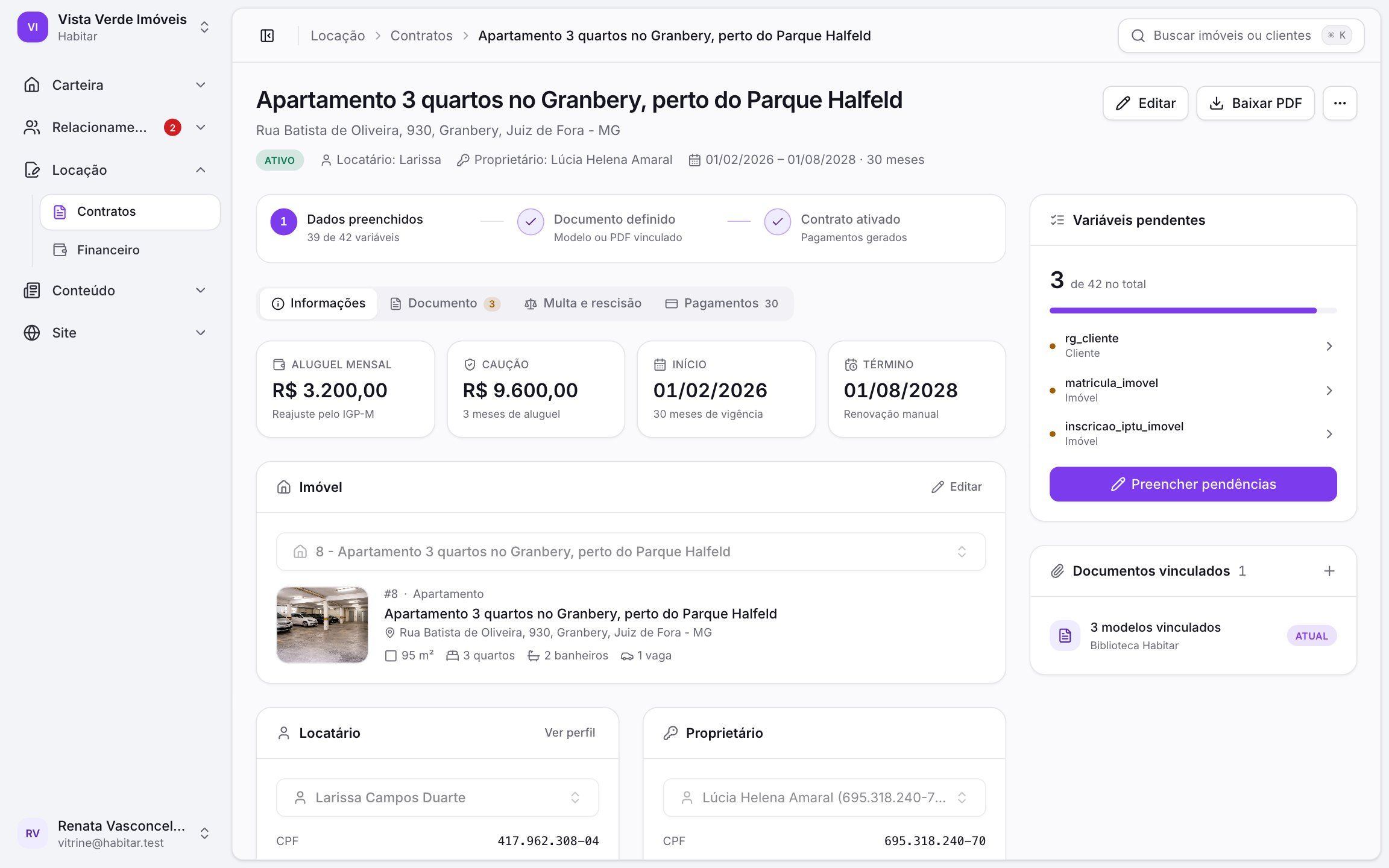 Detalhe do contrato de locação na Habitar com aluguel, encargos, garantia e documentos