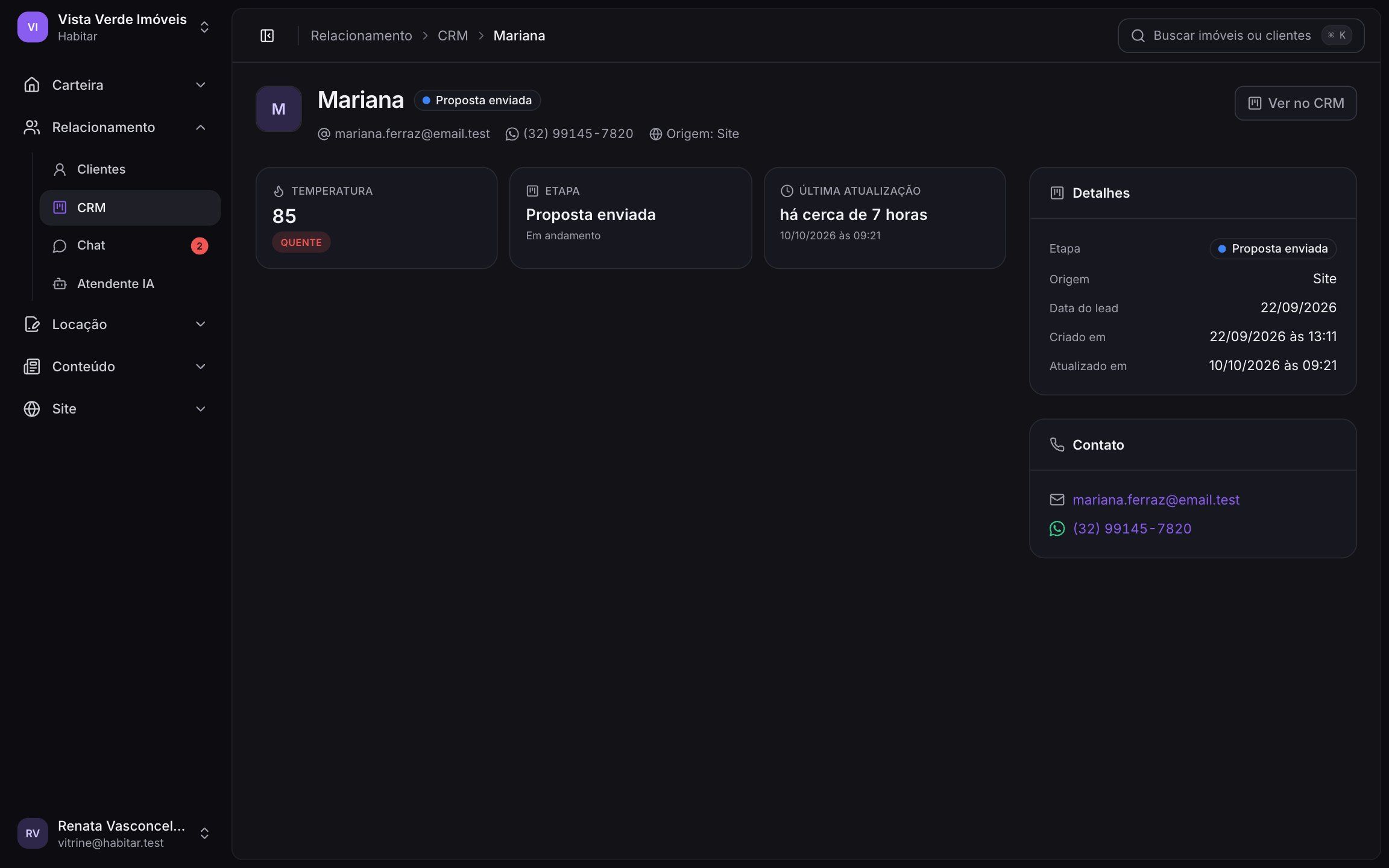 Detalhe do lead no CRM da Habitar com origem, imóveis de interesse e linha do tempo