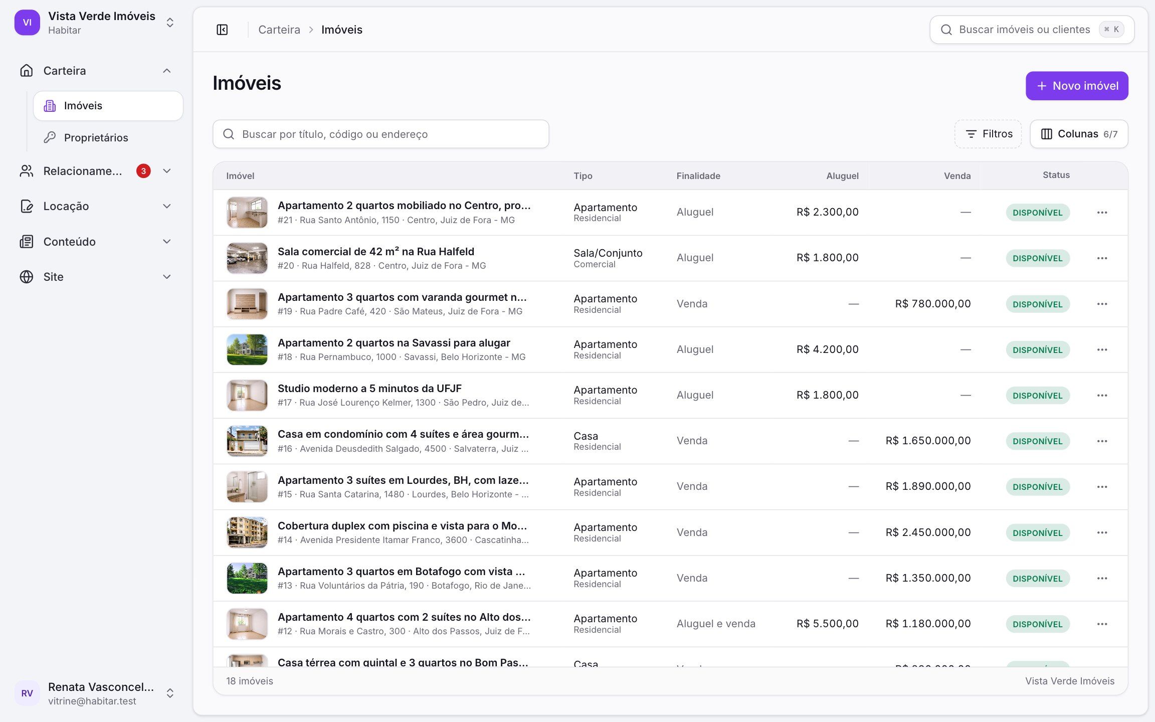 Painel da Habitar com a carteira de imóveis, menu por módulos e busca global