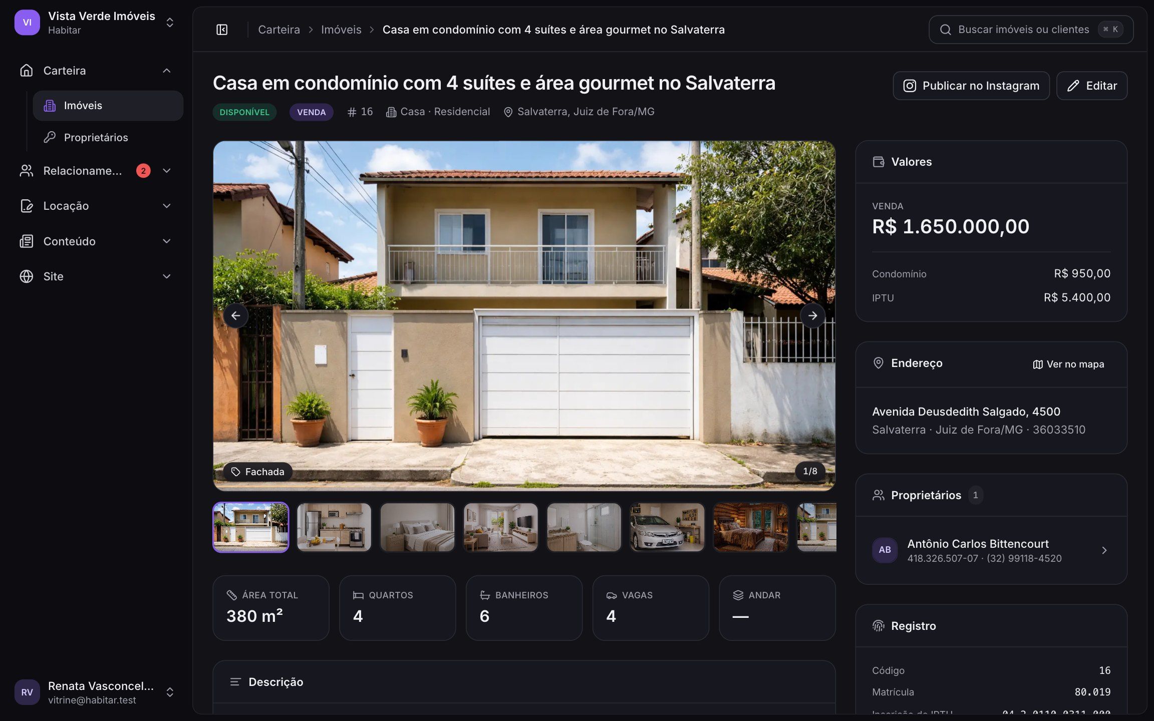 Ficha do imóvel na Habitar com galeria de fotos, características, valores e proprietário