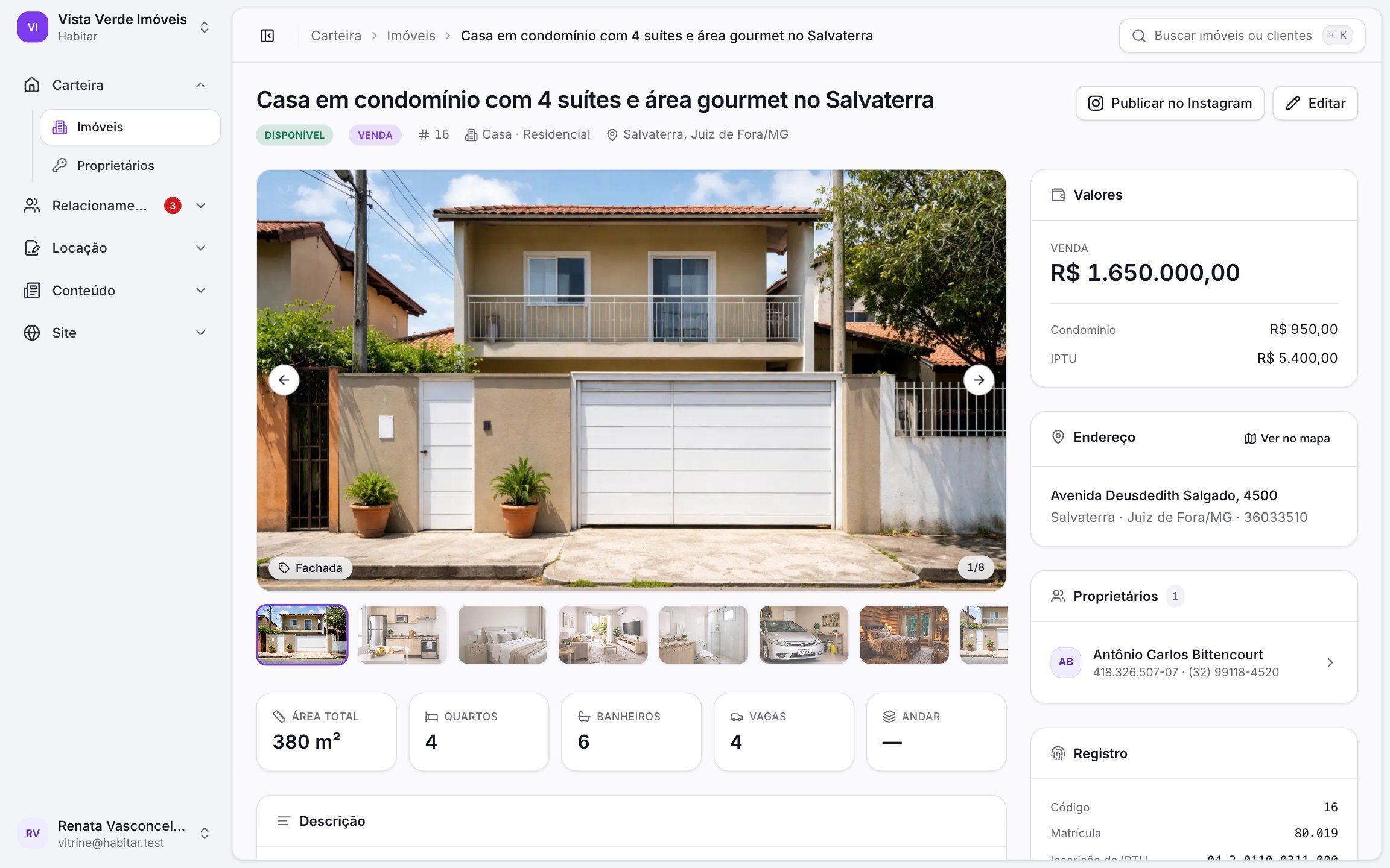 Ficha do imóvel na Habitar com galeria de fotos, características, valores e proprietário