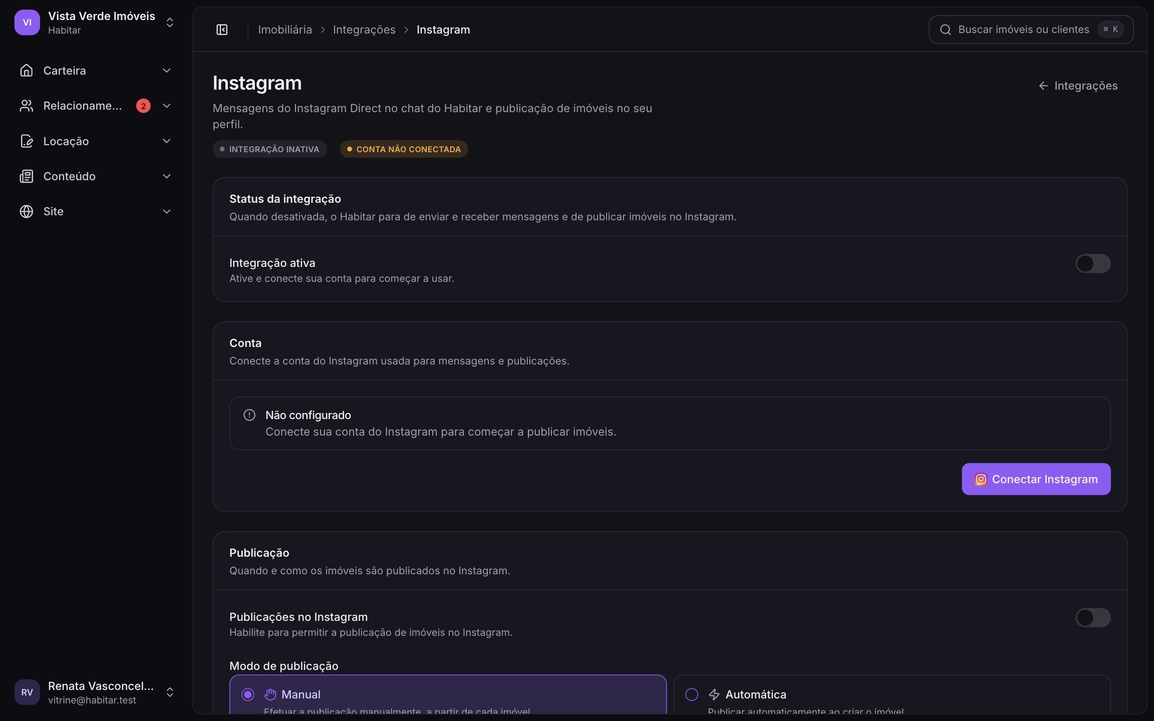 Integração da Habitar com o Instagram para publicar imóveis e responder mensagens