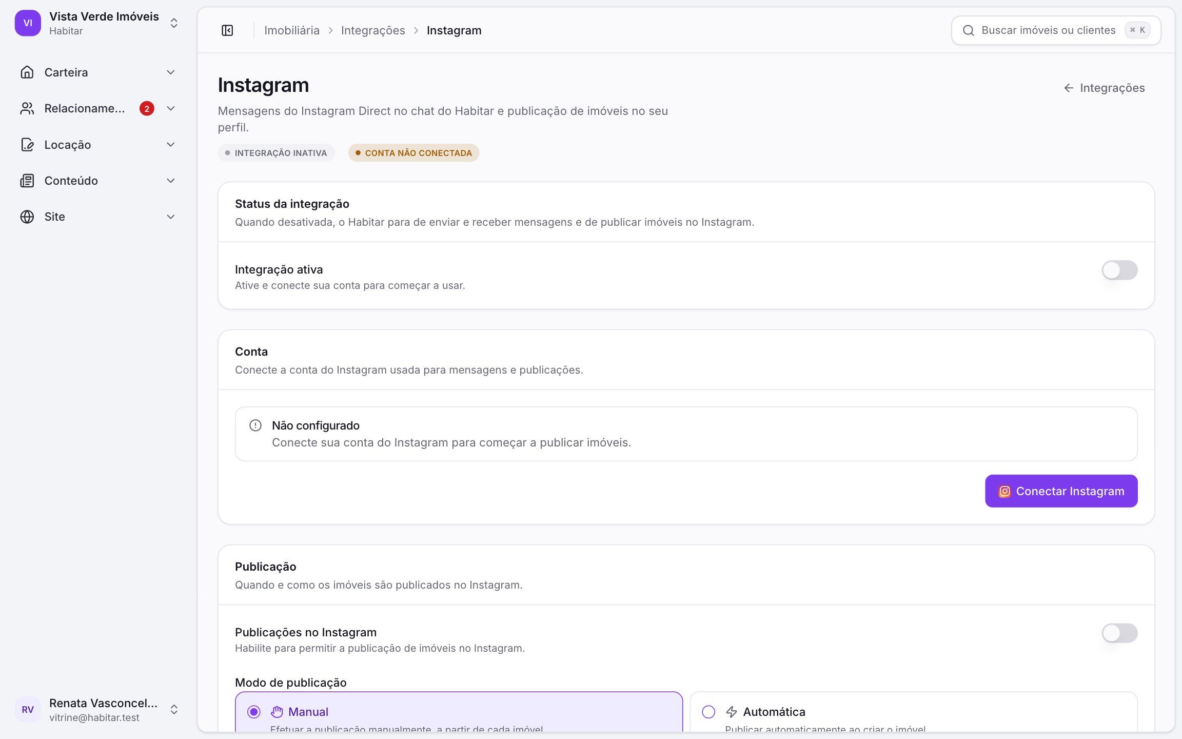 Integração da Habitar com o Instagram para publicar imóveis e responder mensagens