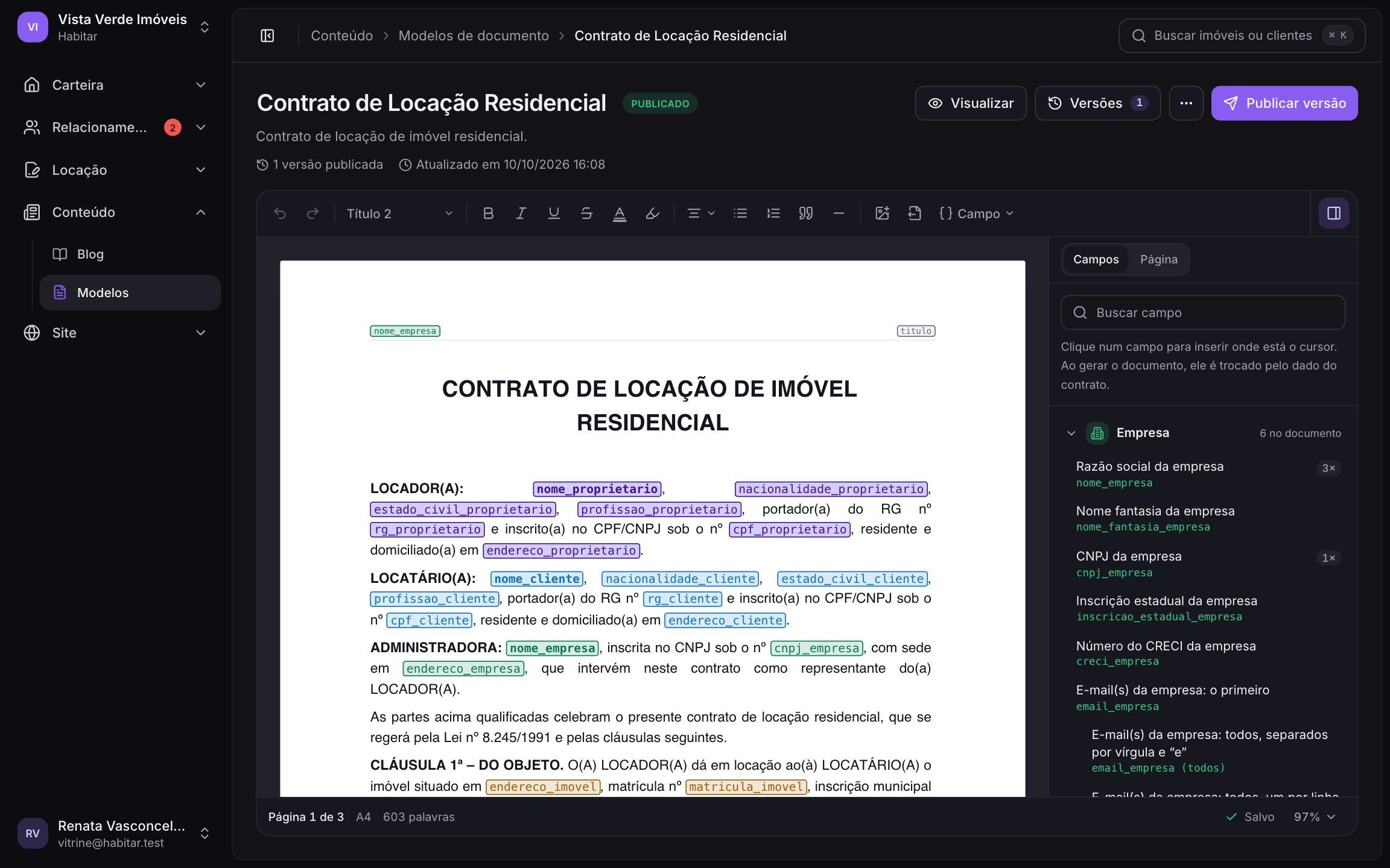 Editor de contratos da Habitar com páginas A4, campos automáticos e painel lateral