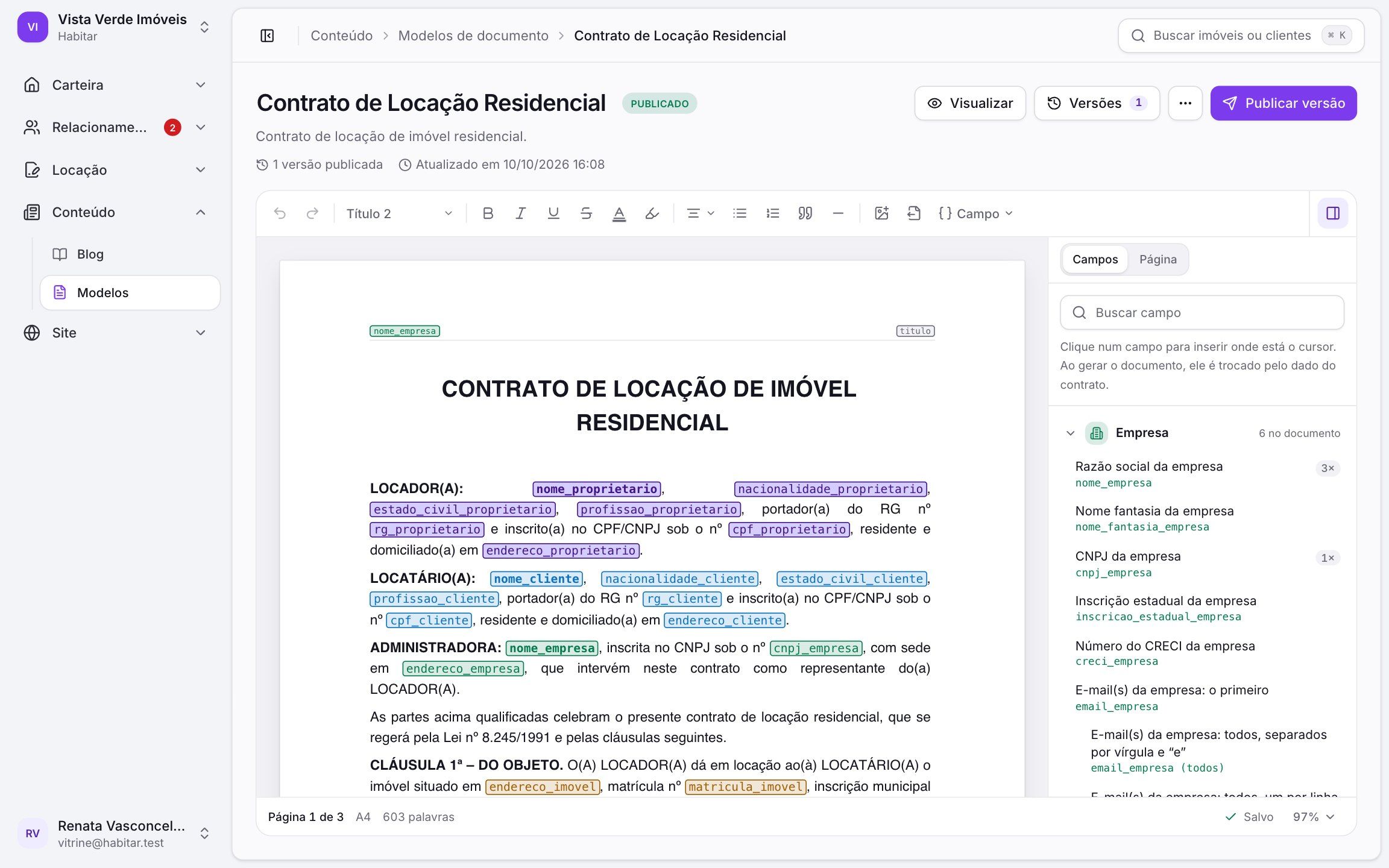 Editor de contratos da Habitar com páginas A4, campos automáticos e painel lateral