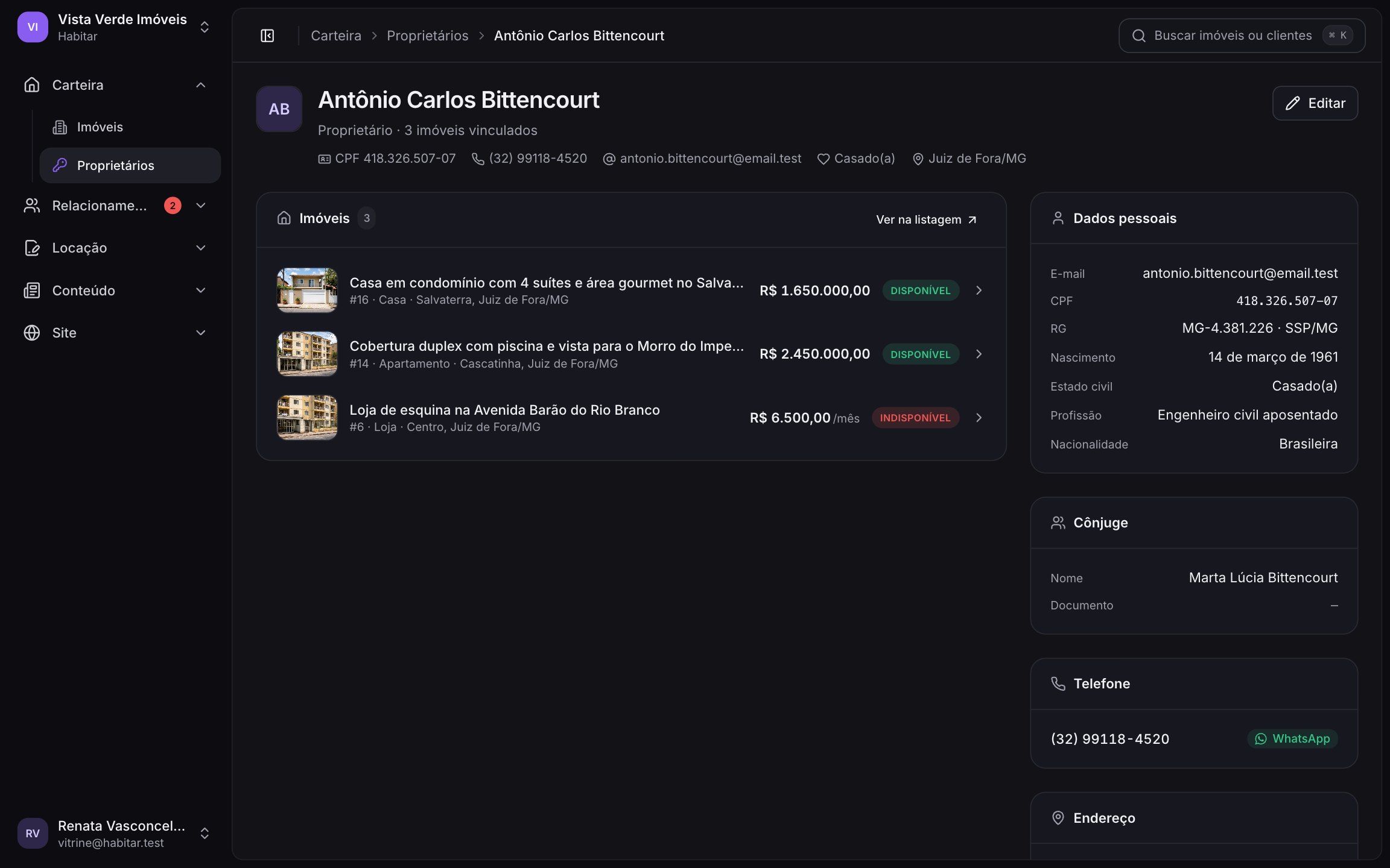 Detalhe do proprietário na Habitar com imóveis vinculados e dados de contato