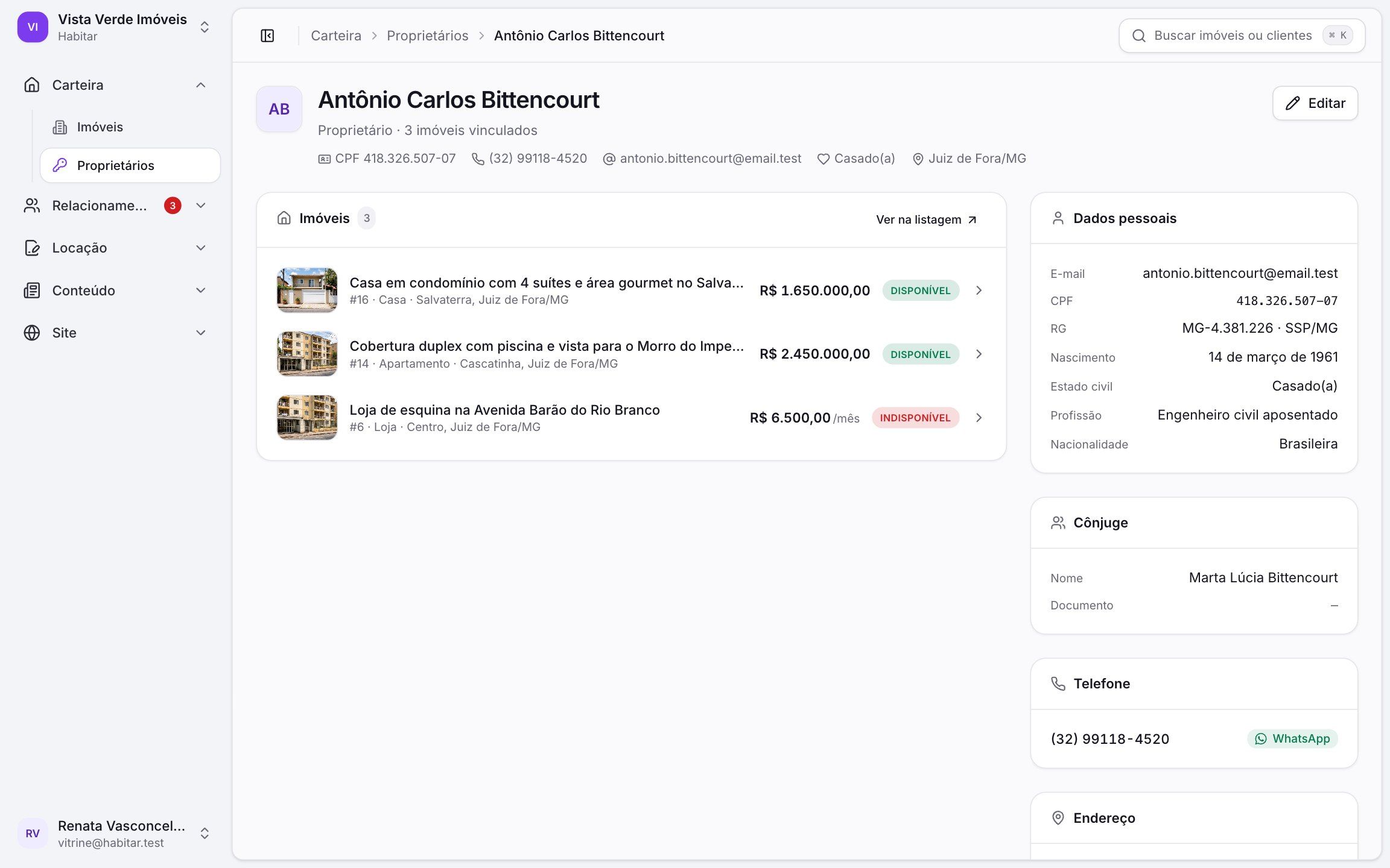 Detalhe do proprietário na Habitar com imóveis vinculados e dados de contato