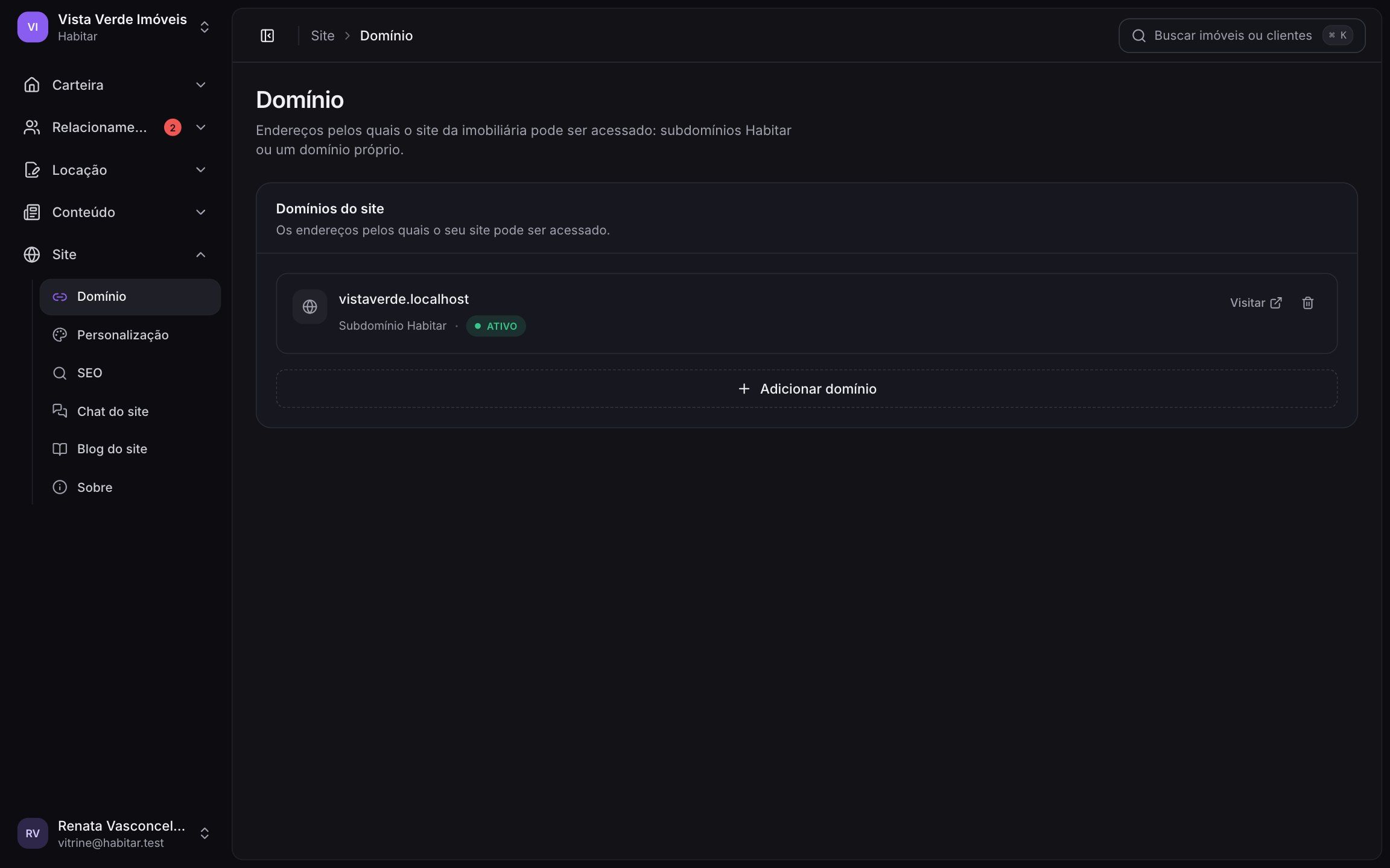 Domínio próprio do site da imobiliária configurado na Habitar