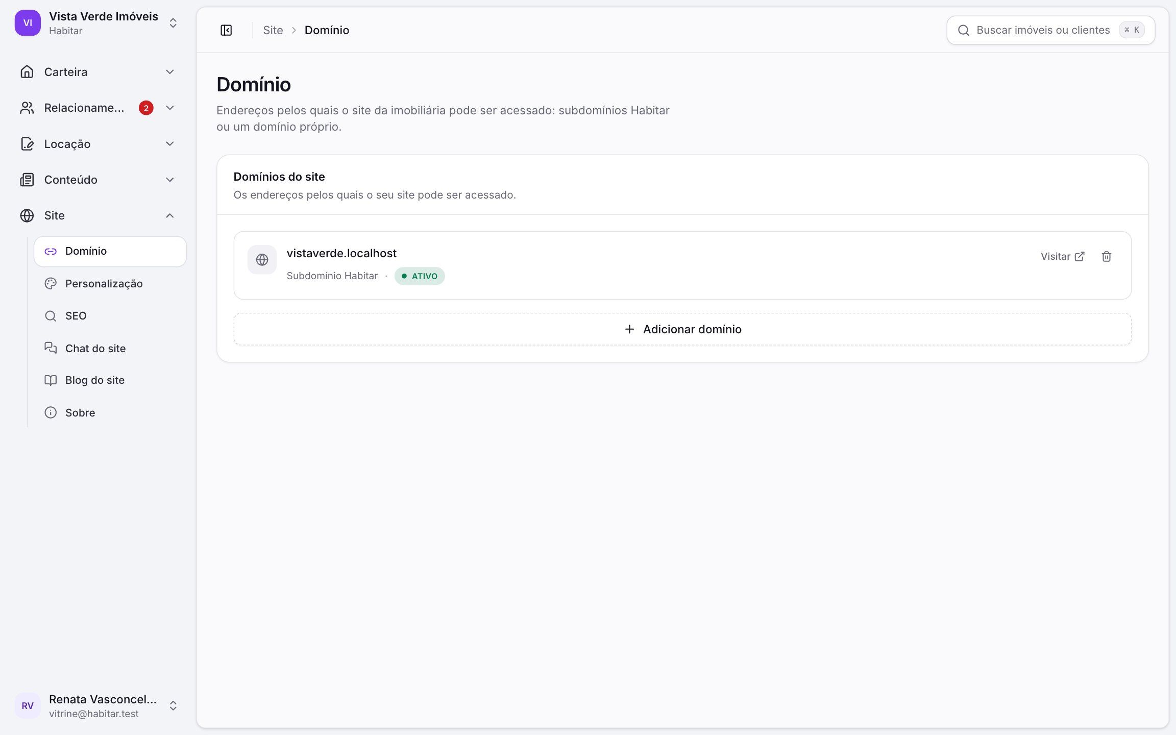 Domínio próprio do site da imobiliária configurado na Habitar