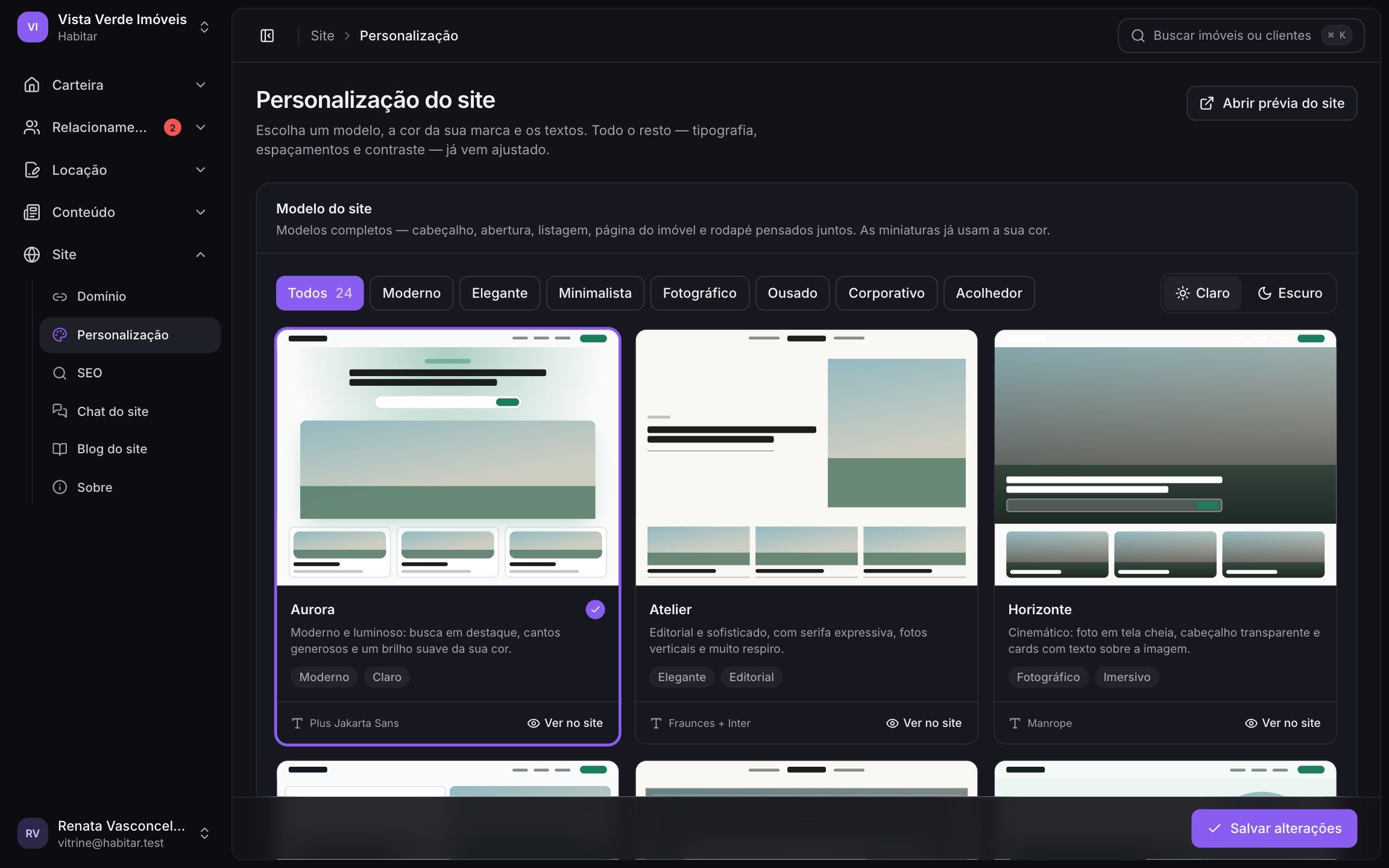 Personalização do site da imobiliária na Habitar: cores, tema e seções