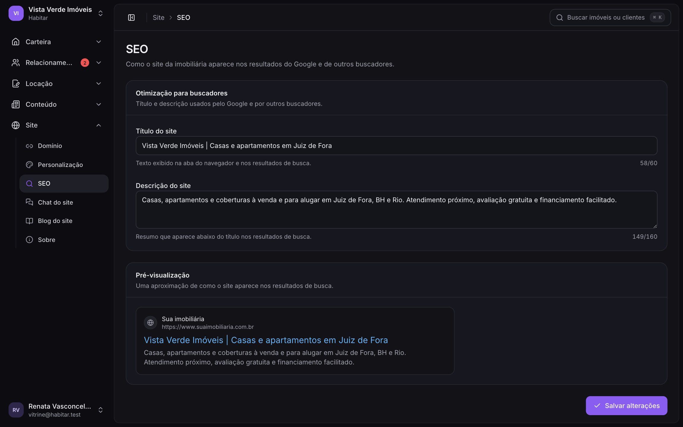 Configurações de SEO do site da imobiliária na Habitar: título, descrição e prévia no Google