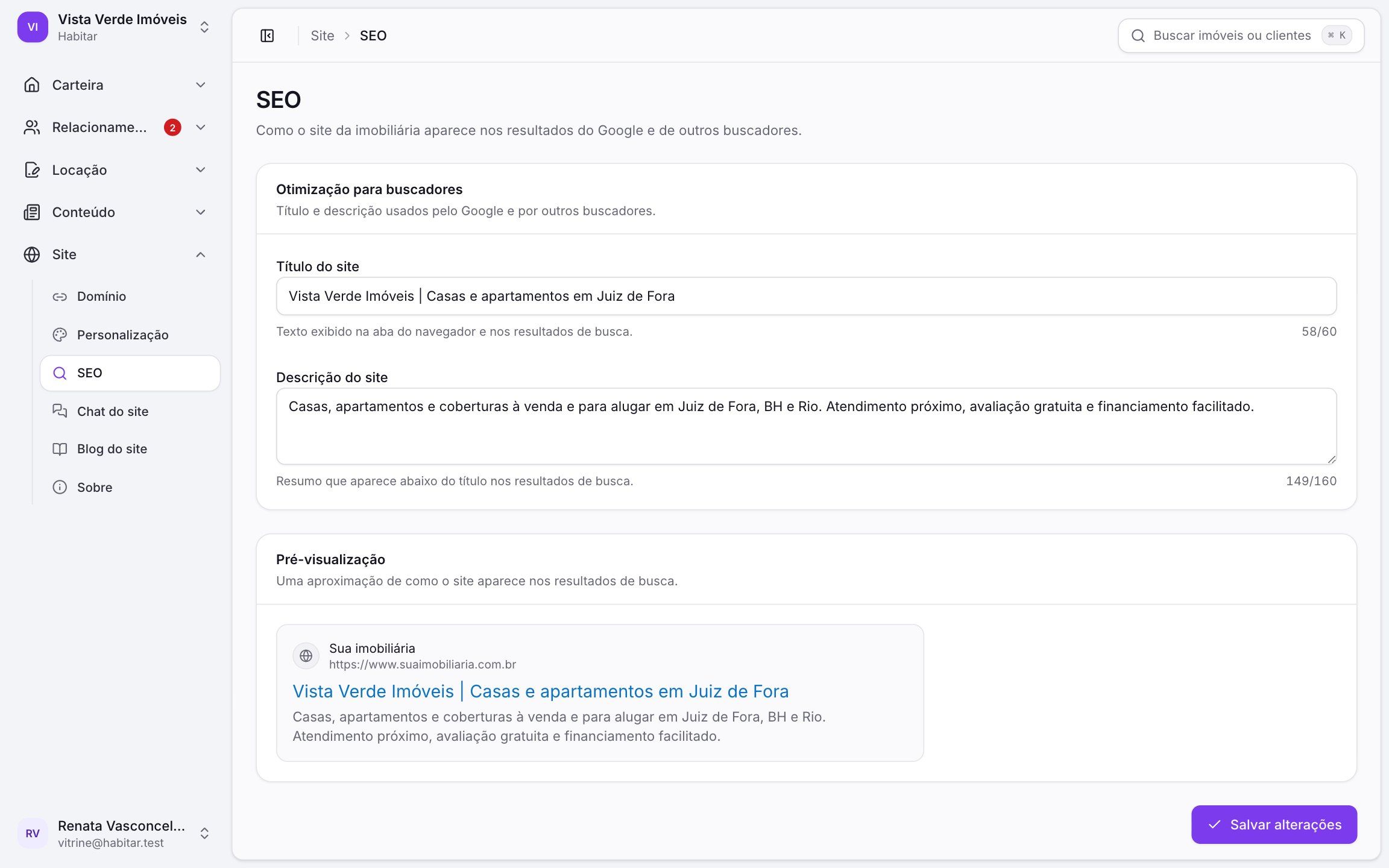 Configurações de SEO do site da imobiliária na Habitar: título, descrição e prévia no Google