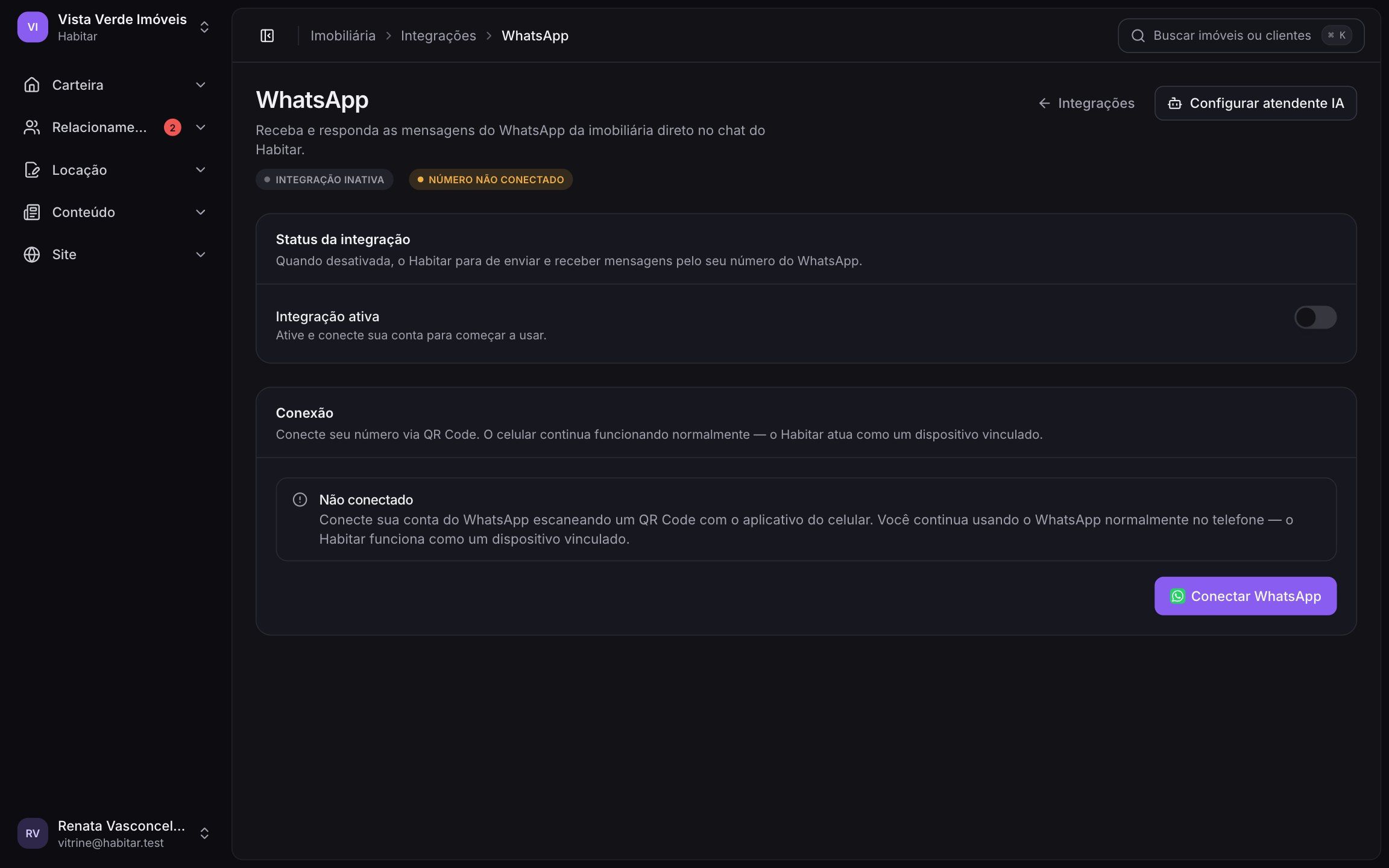 Conexão do WhatsApp da imobiliária com a Habitar