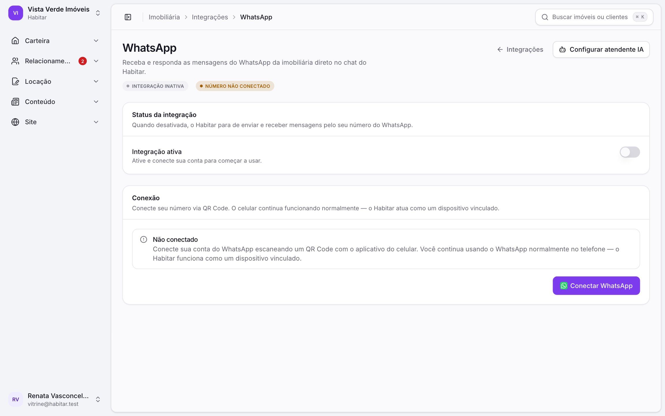 Conexão do WhatsApp da imobiliária com a Habitar